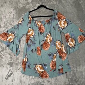 Peasant Style Women's Teal Green Floral Blouse 3X Boho Cottage Romantic